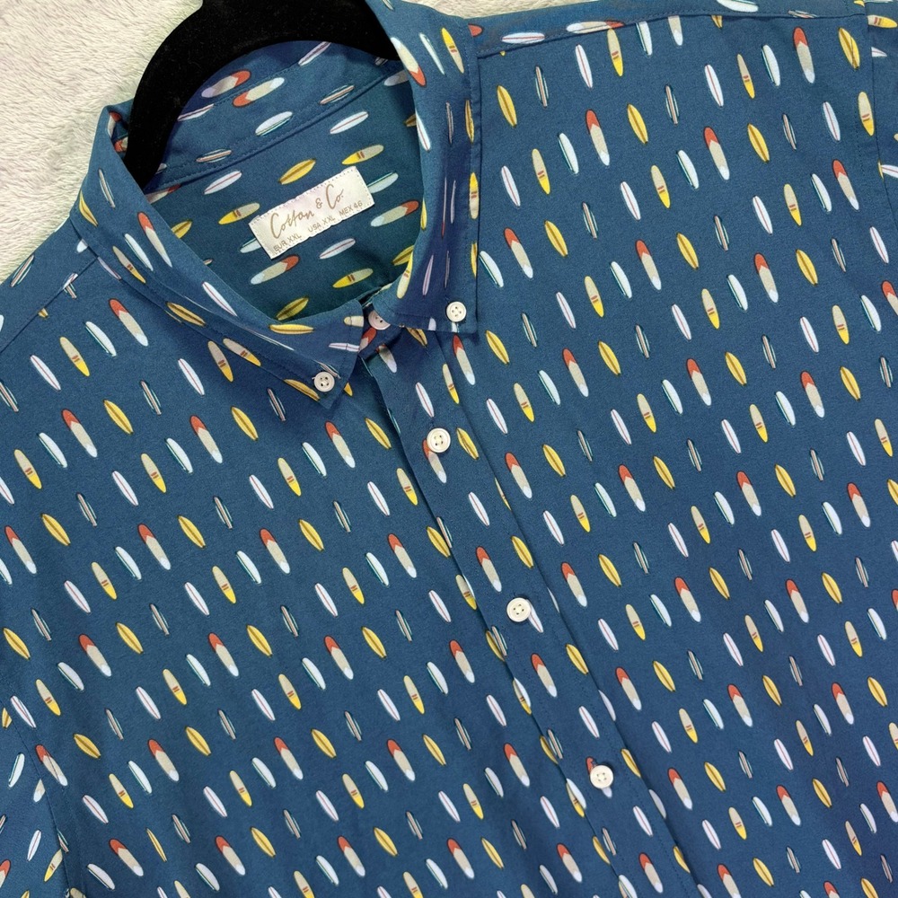 Cotton & Co Mens Shirt XXL Blue Surfboard Print Short Sleeve Button Down Stretch